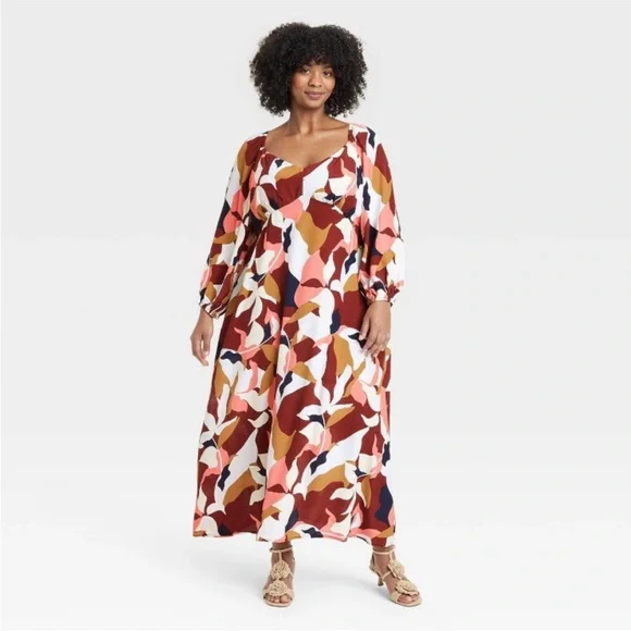 NWT Women's Long Sleeve Crepe Maxi A-Line Dress - A New Day™ Red Floral XXL - Picture 2 of 12